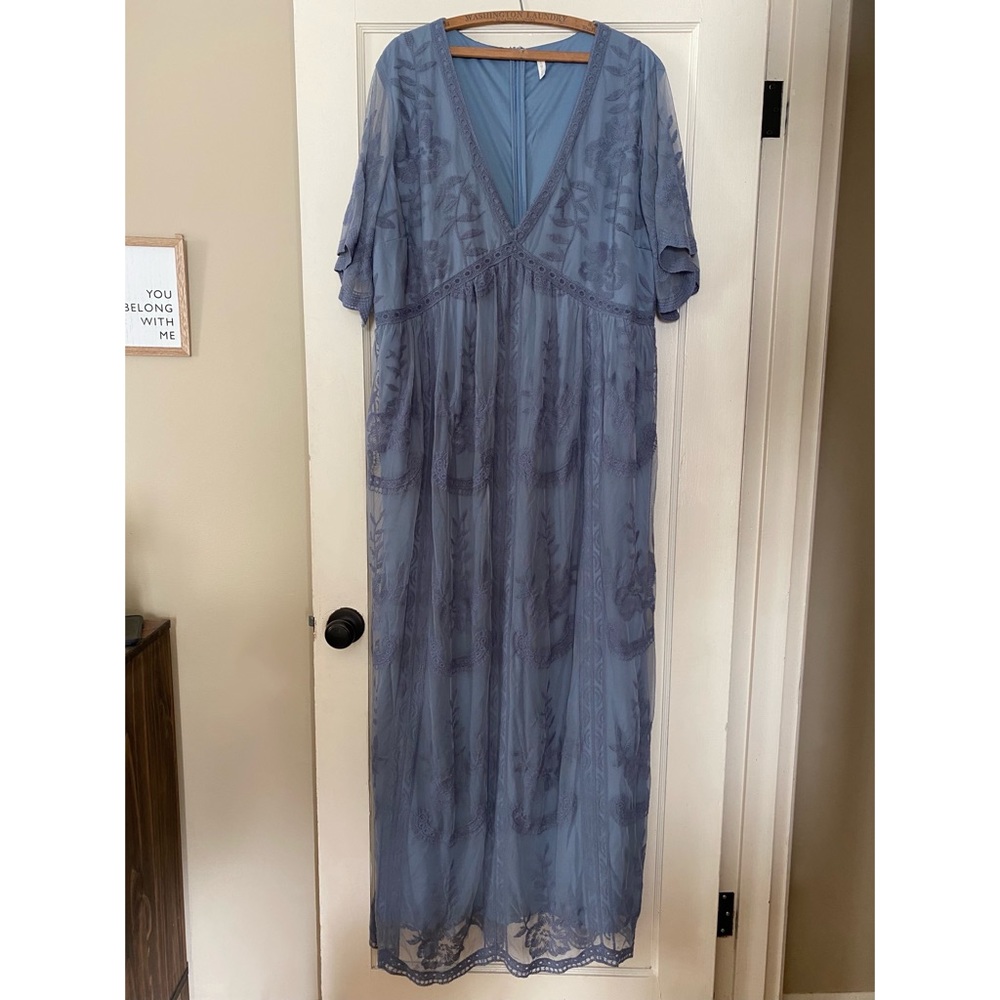 PinkBlush blue lace mesh overlay maxi dress